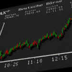 Close-up of a German DAX stock index chart on a digital display, showing candlestick price movements and market data.