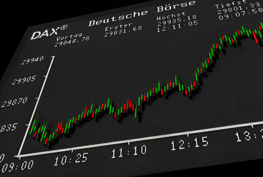 Close-up of a German DAX stock index chart on a digital display, showing candlestick price movements and market data.