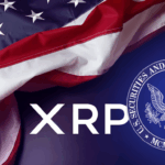 The Ripple vs. SEC lawsuit image in cartoon-style depiction of the Ripple (XRP) logo and the SEC seal, with a stylized American flag draped over them, symbolizing the legal and regulatory battle between the two entities in the United States.