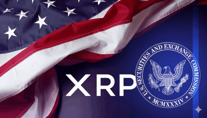 The Ripple vs. SEC lawsuit image in cartoon-style depiction of the Ripple (XRP) logo and the SEC seal, with a stylized American flag draped over them, symbolizing the legal and regulatory battle between the two entities in the United States.