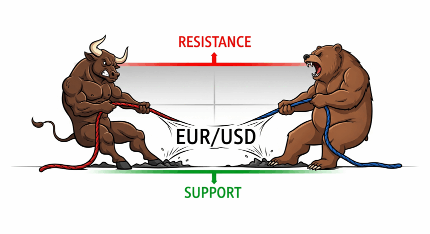 EUR/USD technical analysis chart showing consolidation between support at 1.1600 and resistance at 1.1700