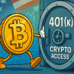 Cartoon Bitcoin character stepping into 401k crypto vault with US flag and rising charts