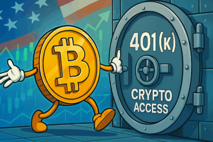 Cartoon Bitcoin character stepping into 401k crypto vault with US flag and rising charts