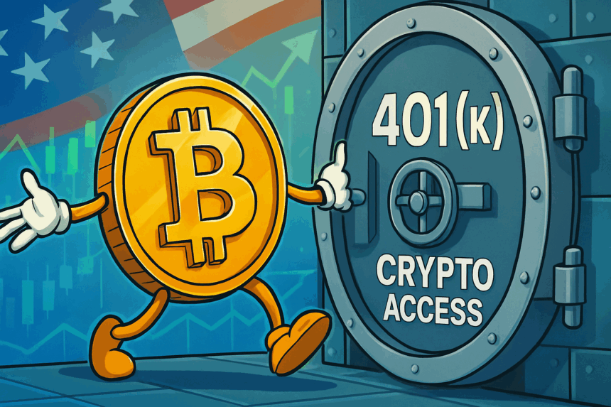 Cartoon Bitcoin character stepping into 401k crypto vault with US flag and rising charts