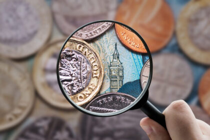 A magnifying glass held over a British one-pound coin and a ten-pound note featuring Big Ben, symbolizing a close analysis of the UK economy and the British Pound.