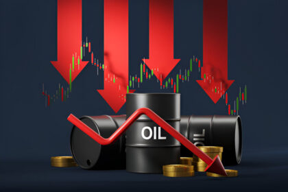 Representation of global oil supply and demand curves intersecting, showing a clear oversupply scenario.